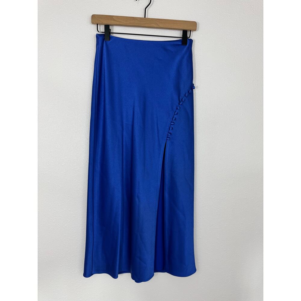 Alice + Olivia Cobalt Blue Satin Midi Skirt Size 2 Designer Wrap Slit - Picture 2 of 6